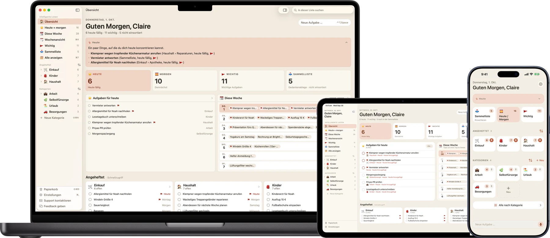 Busy B auf Mac, iPad und iPhone: drei Bildschirme mit derselben Liste, per iCloud synchron gehalten.