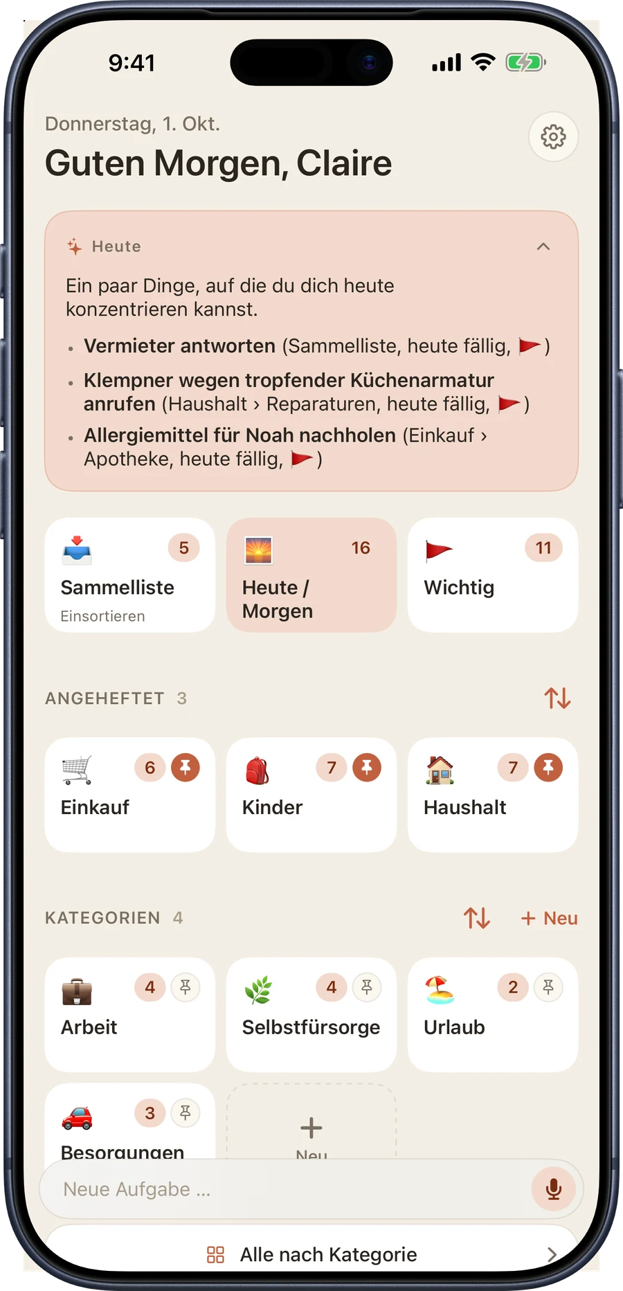 Der Tagesüberblick auf dem iPhone: eine Karte mit der Überschrift Heute, drei Aufgaben, auf die es sich zu konzentrieren lohnt, und ein Hinweis auf überfällige Aufgaben, die einen Blick wert sind.