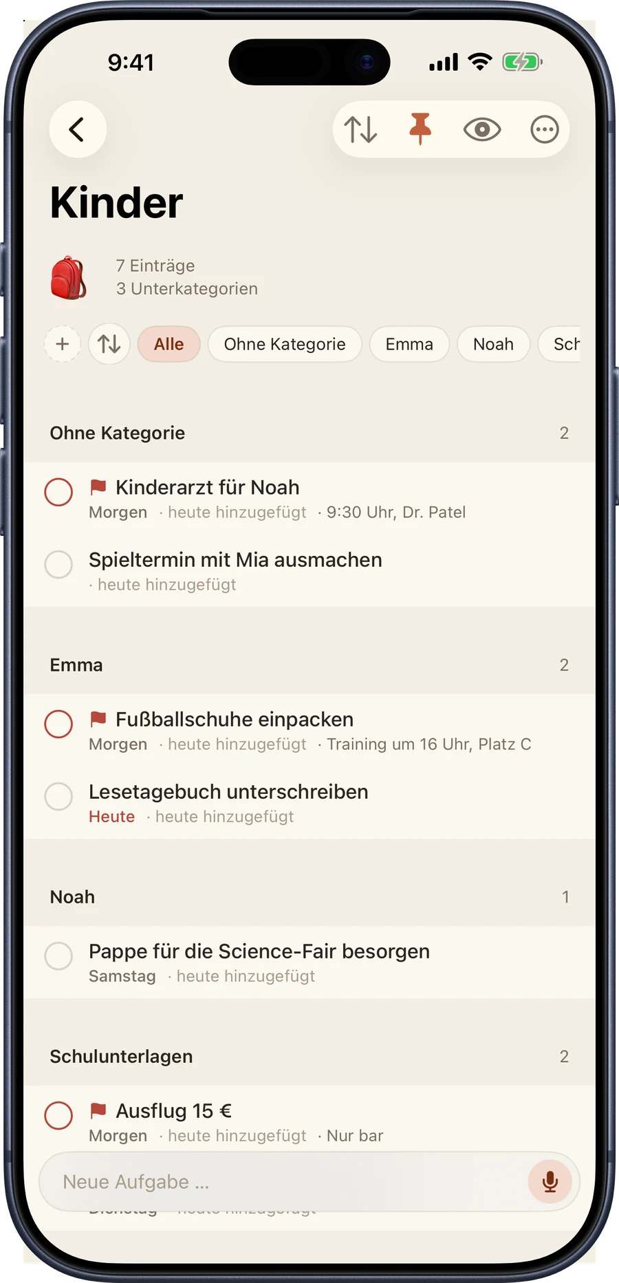Die Kategorie Kinder auf dem iPhone, aufgeteilt in die Unterkategorien Emma, Noah und Schulunterlagen.