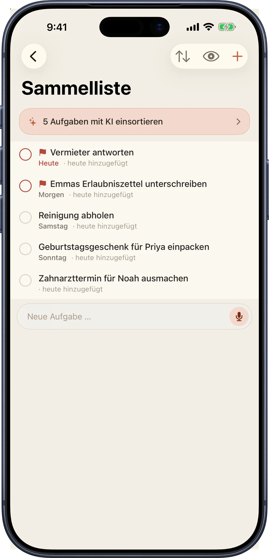 Die Sammelliste auf dem iPhone: fünf nicht einsortierte Aufgaben mit Markierungen und Fälligkeitsdaten und unten eine Eingabeleiste.