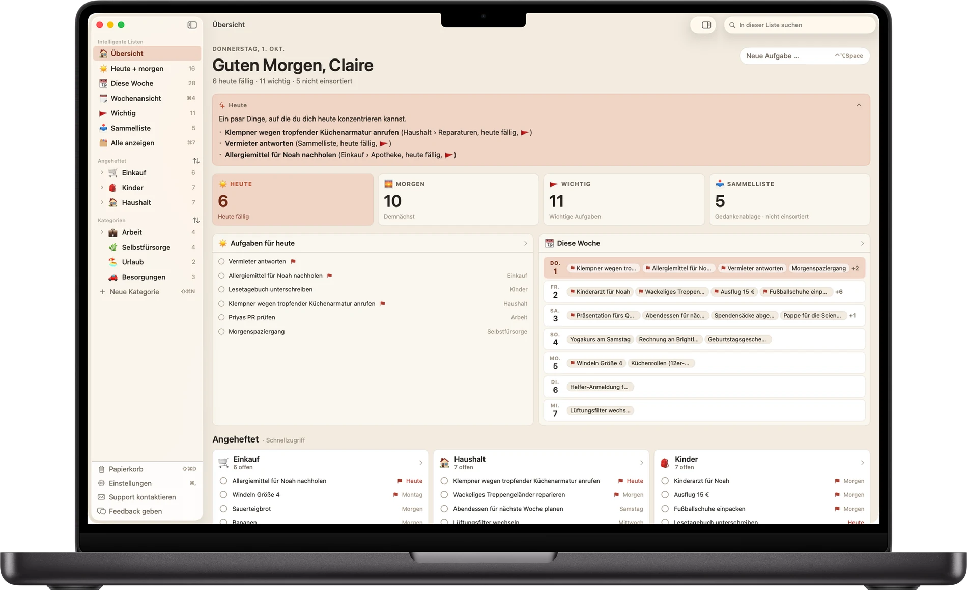 Busy B auf dem Mac: eine Seitenleiste mit intelligenten Listen und Kategorien neben den heutigen Aufgaben und der kommenden Woche, in einer nativen Fenster-App.