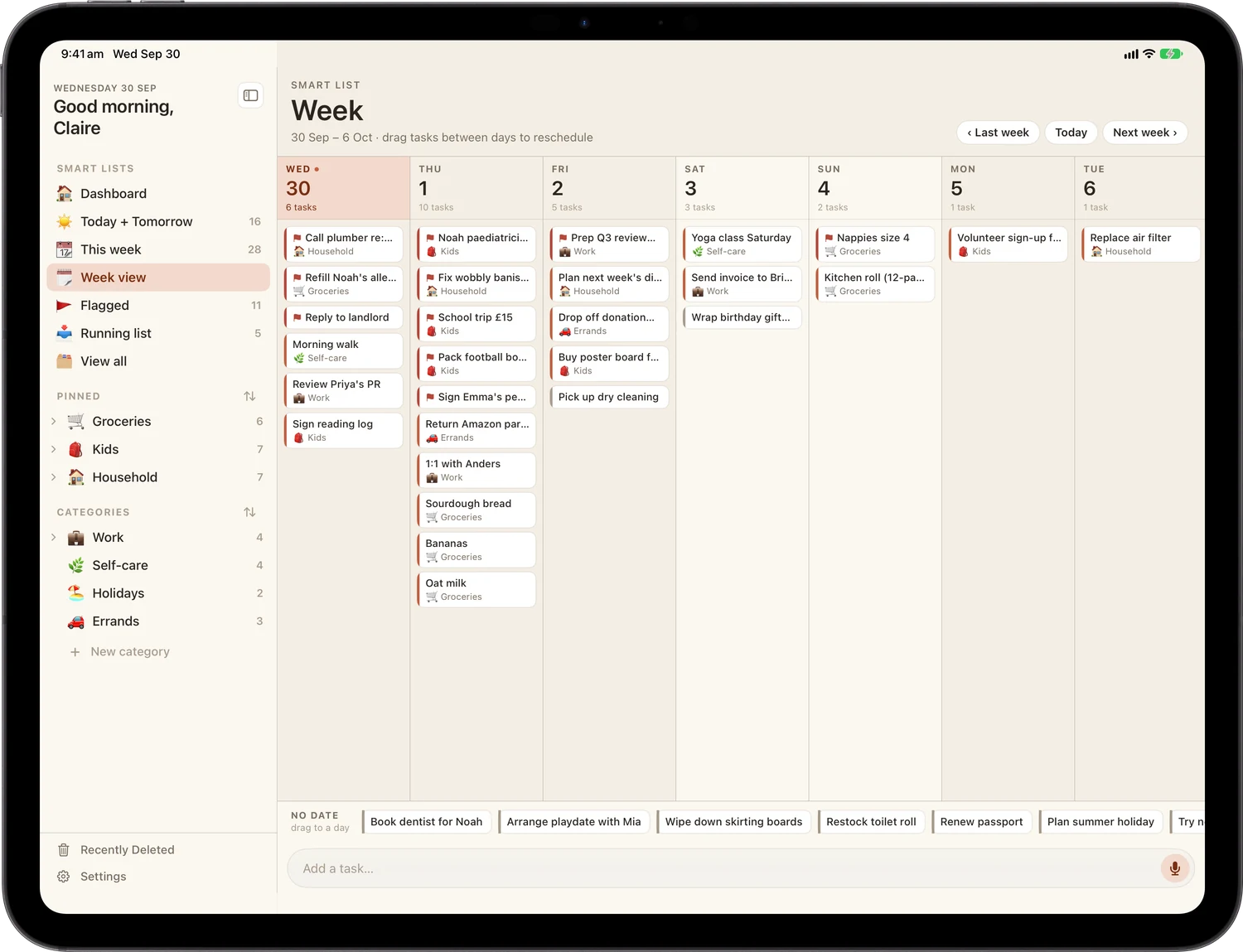 Week view on iPad: seven day columns filled with task cards, and an undated tray along the bottom to drag from.