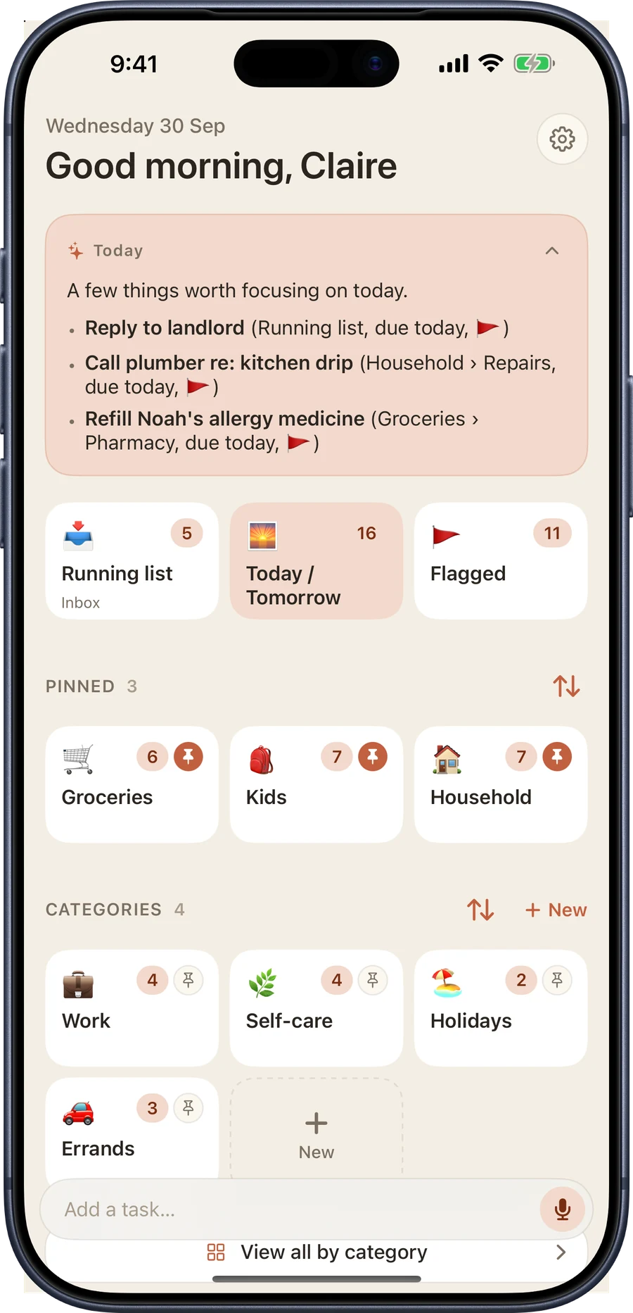 The daily briefing on iPhone: a card headed Today, three tasks worth focusing on, and a note about overdue tasks worth a look.