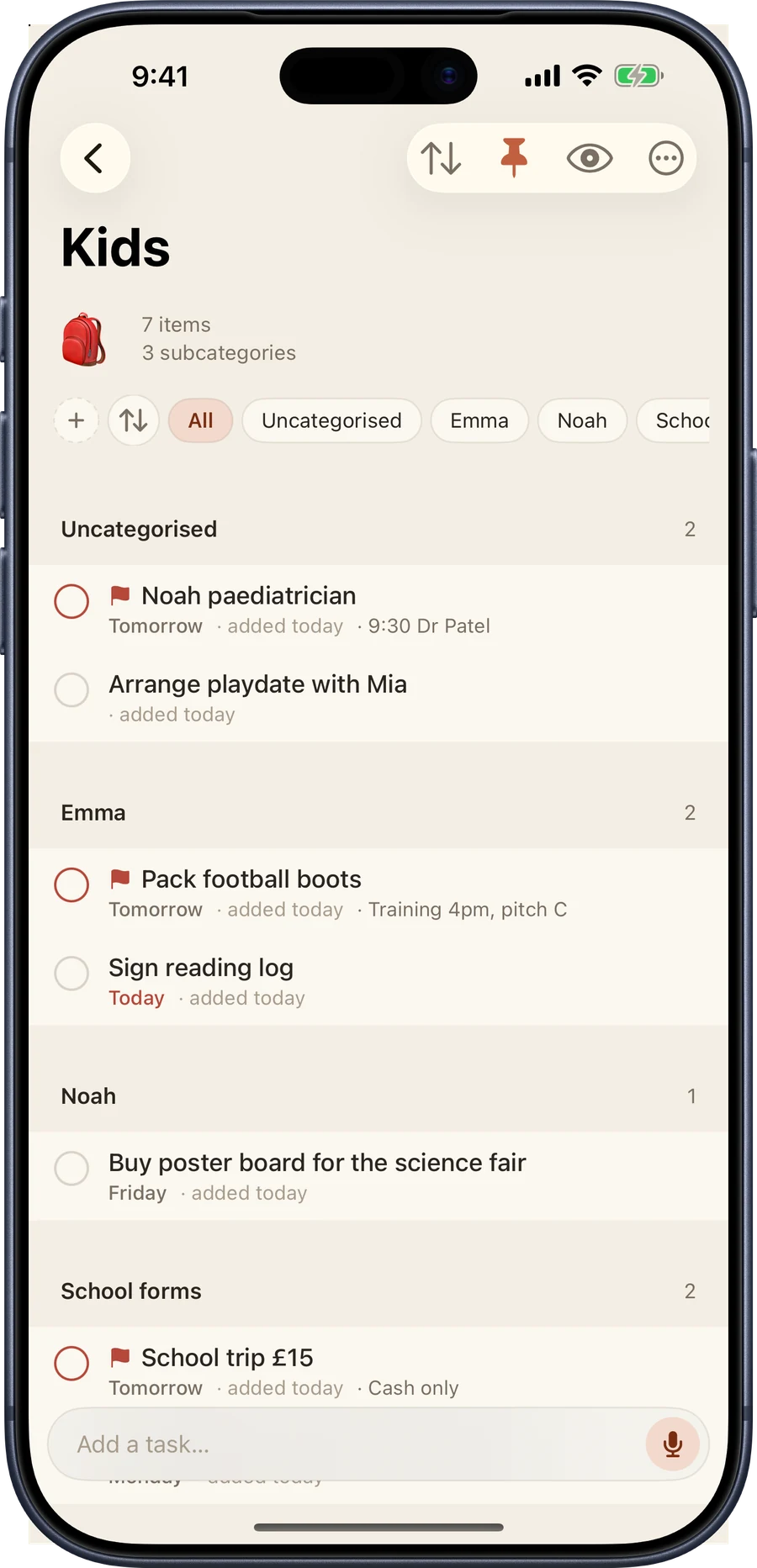 The Kids category on iPhone, split into Emma, Noah and School forms subcategories.