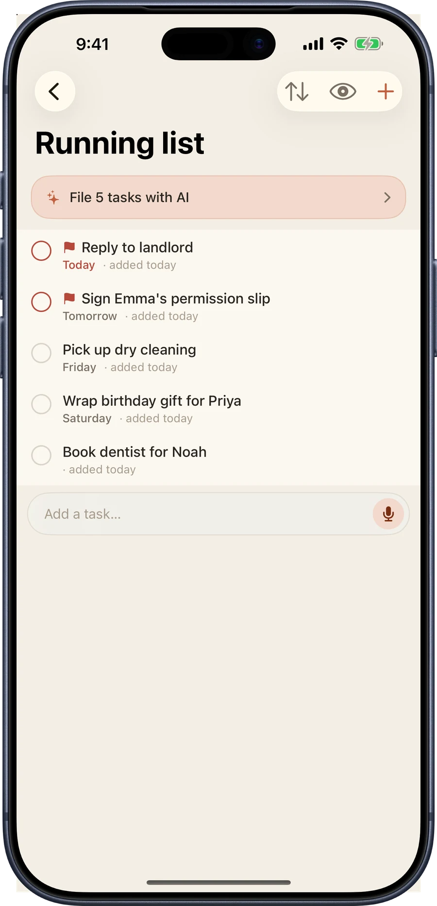 The Running list on iPhone: five unfiled tasks with flags and due dates, and an add bar at the bottom.