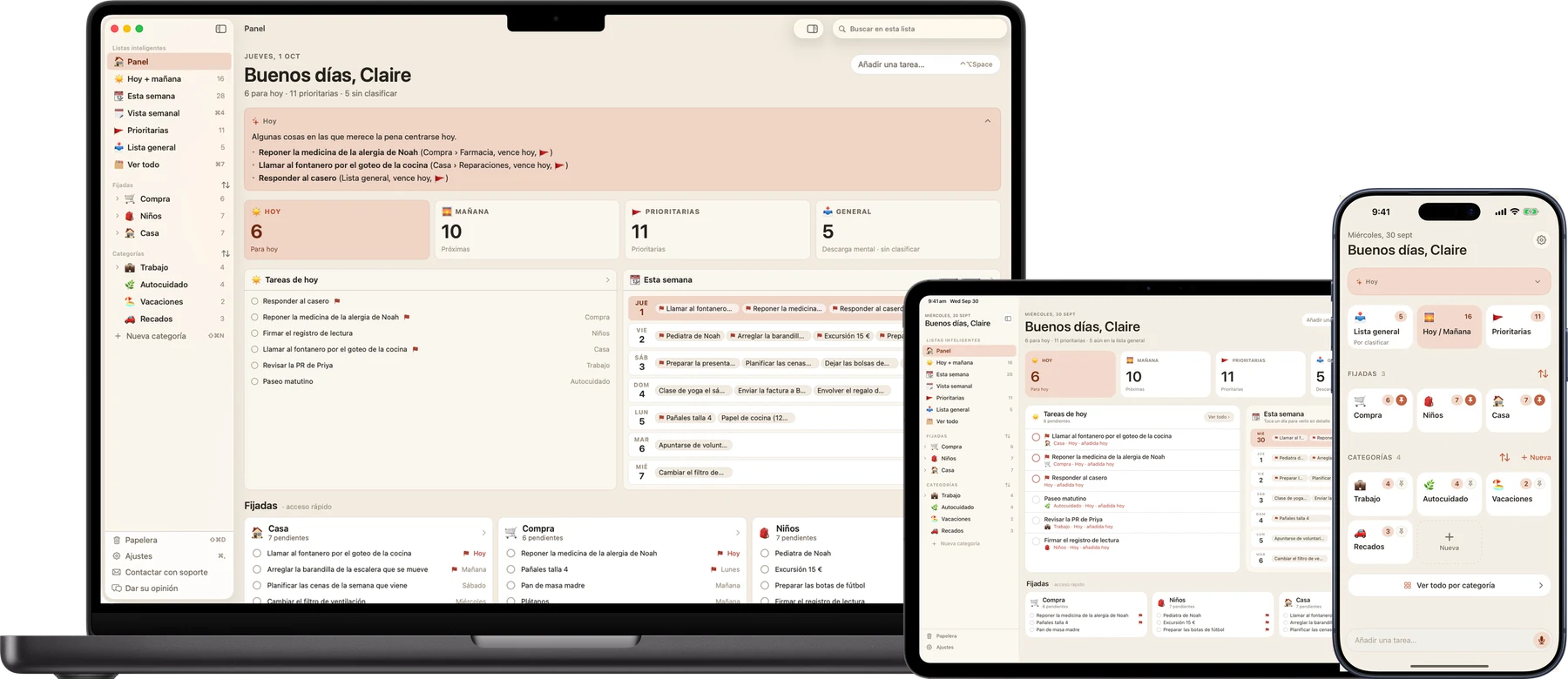Busy B en Mac, iPad e iPhone: tres pantallas con la misma lista, sincronizadas por iCloud.