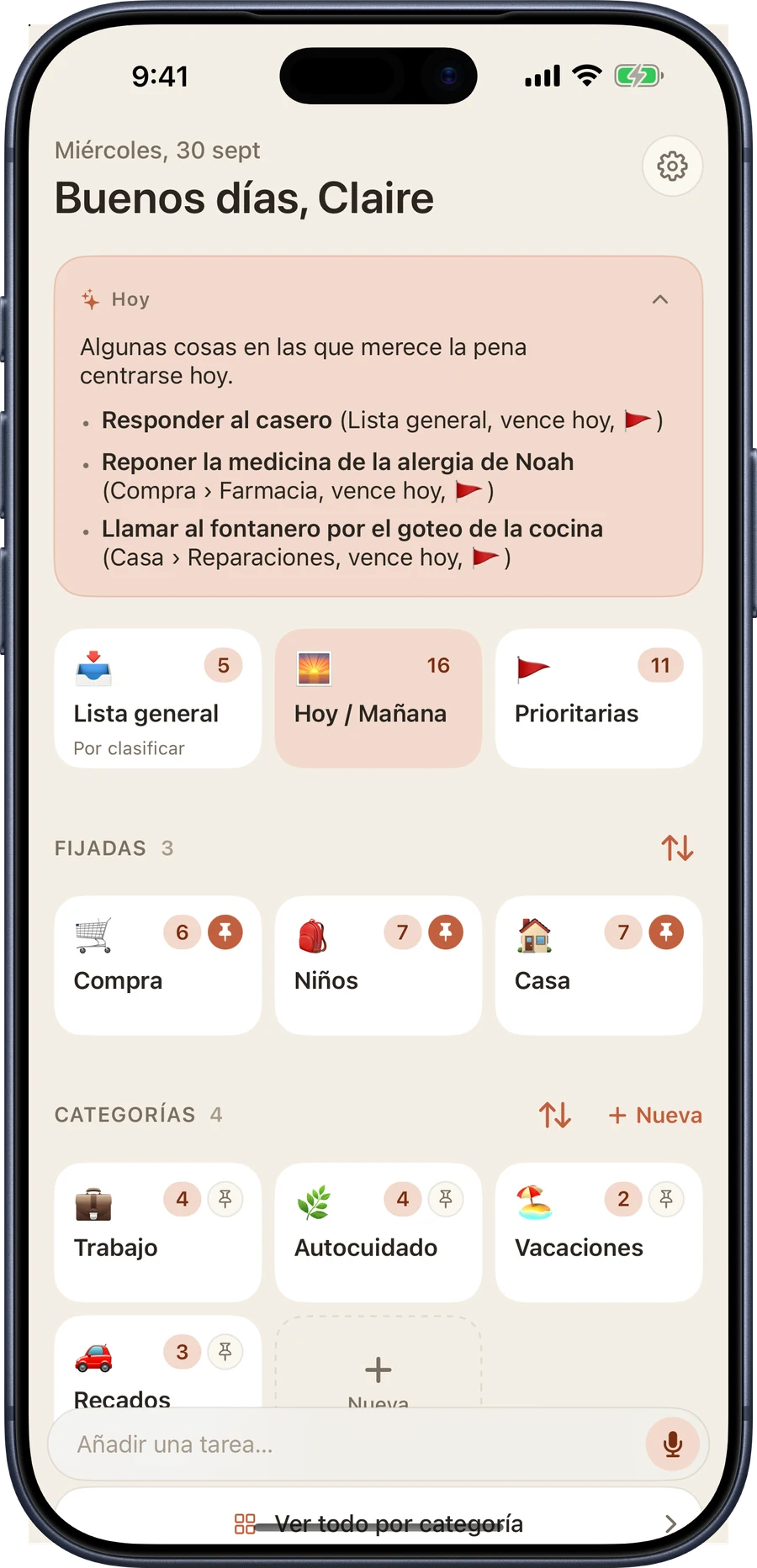 El resumen del día en iPhone: una tarjeta titulada Hoy, tres tareas en las que centrarse y una nota sobre tareas vencidas que merece la pena mirar.