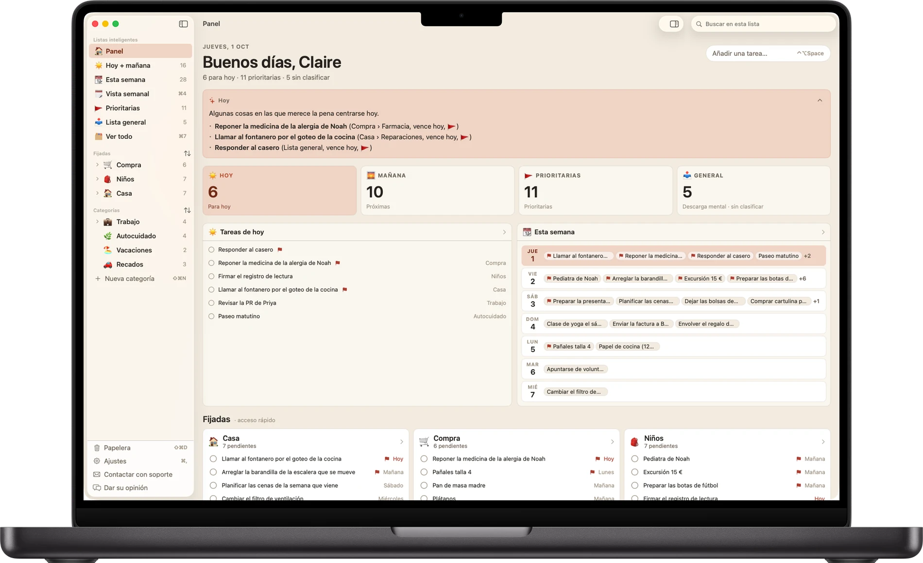 Busy B en Mac: una barra lateral con listas inteligentes y categorías junto a las tareas de hoy y la semana que viene, en una app nativa con ventana.