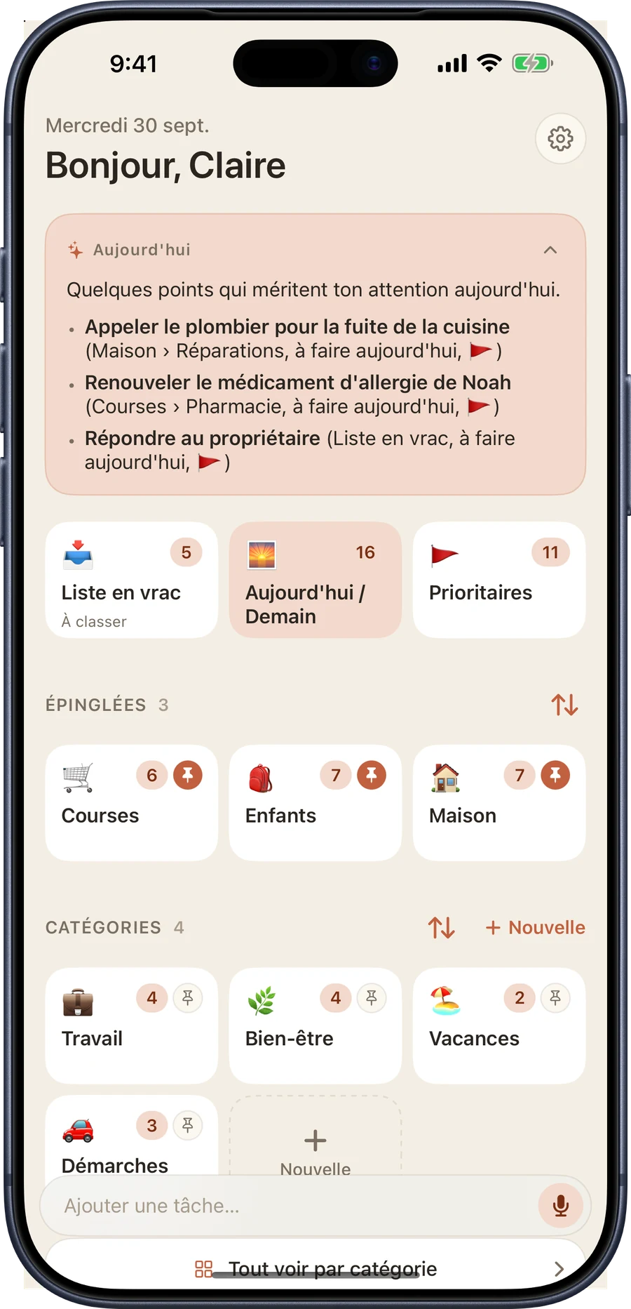 Le point du jour sur iPhone : une carte intitulée Aujourd'hui, trois tâches à privilégier et une remarque sur des tâches en retard à regarder.