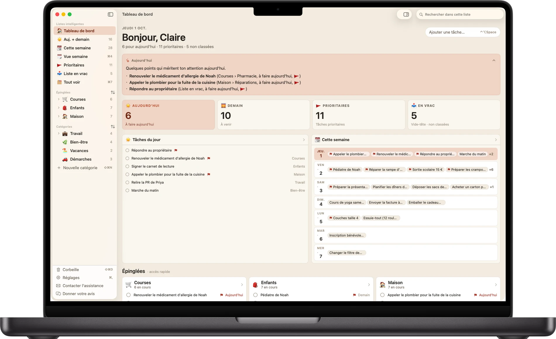 Busy B sur Mac : une barre latérale avec les listes intelligentes et les catégories à côté des tâches du jour et de la semaine à venir, dans une appli native en fenêtre.