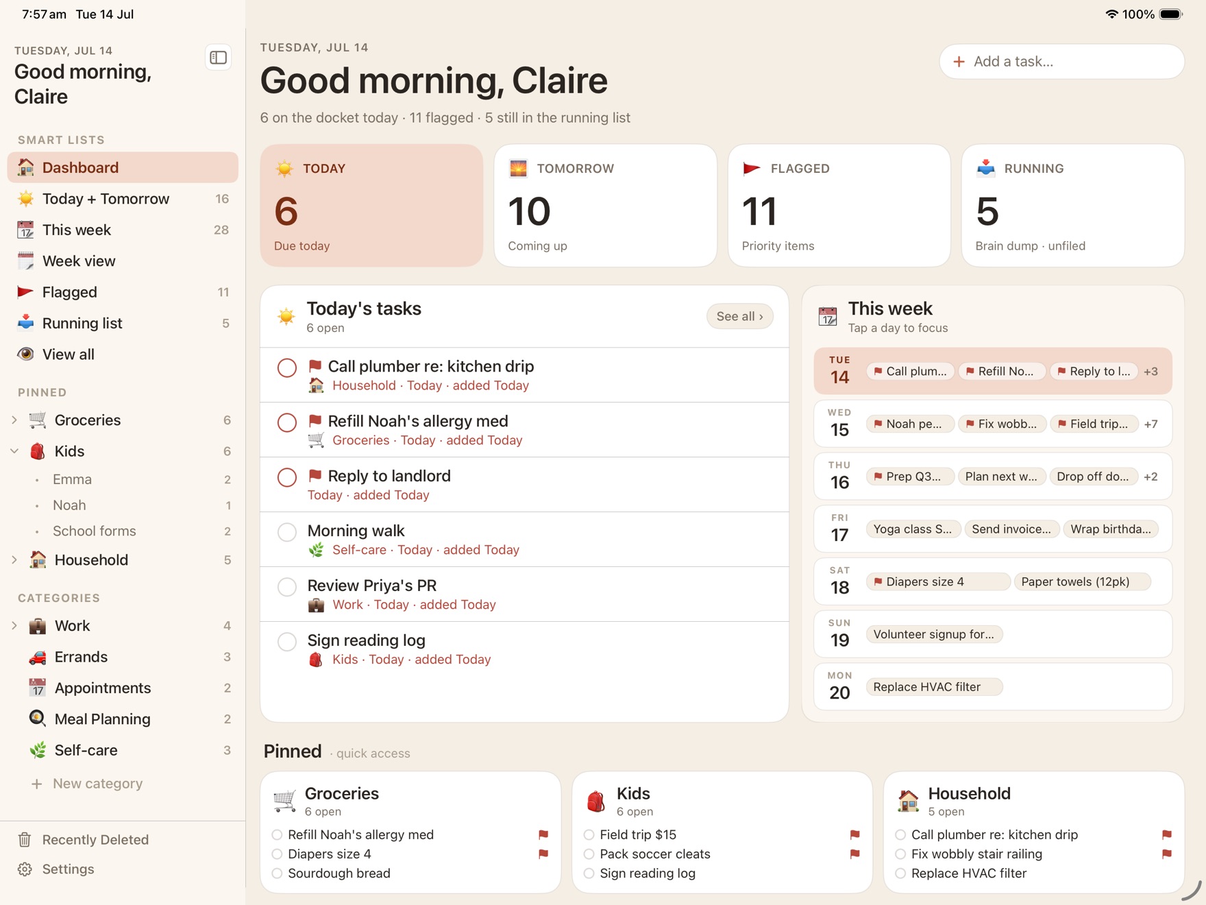 Busy B on iPad: a sidebar of smart lists and categories, today's tasks in the centre, and the week ahead on the right.