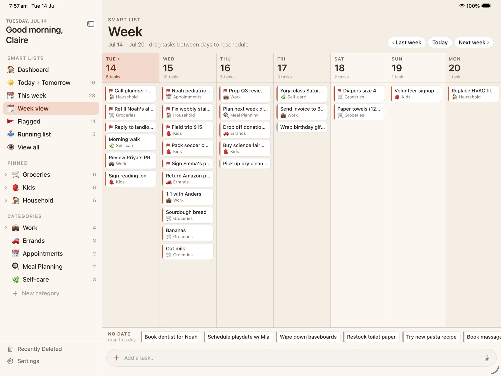 Week view on iPad: seven day columns filled with task cards, and an undated tray along the bottom to drag from.