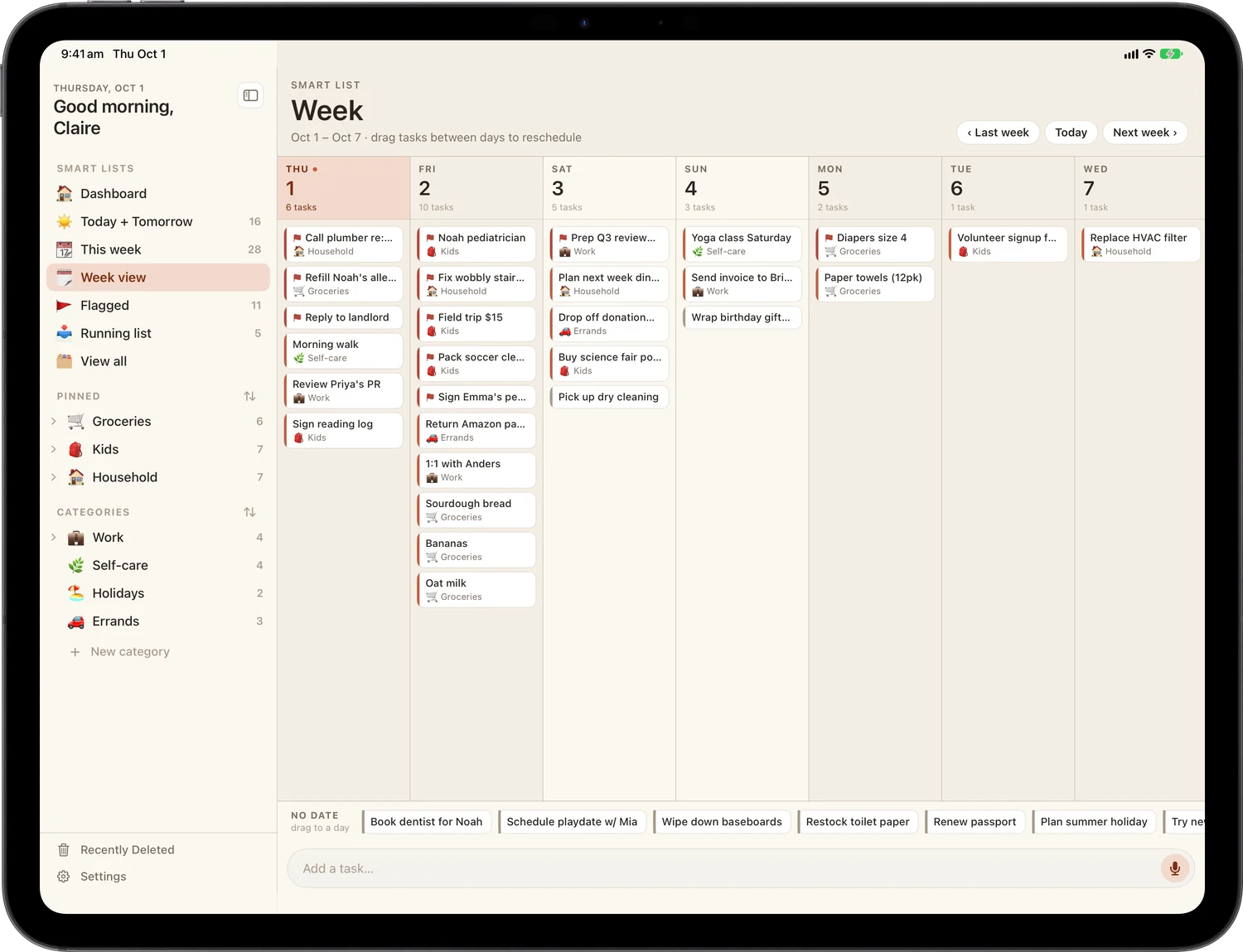 Week view on iPad: seven day columns filled with task cards, and an undated tray along the bottom to drag from.