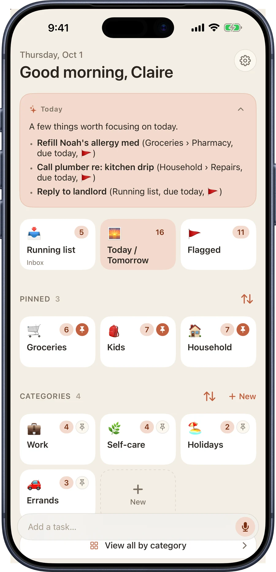 The daily briefing on iPhone: a card headed Today, three tasks worth focusing on, and a note about overdue tasks worth a look.