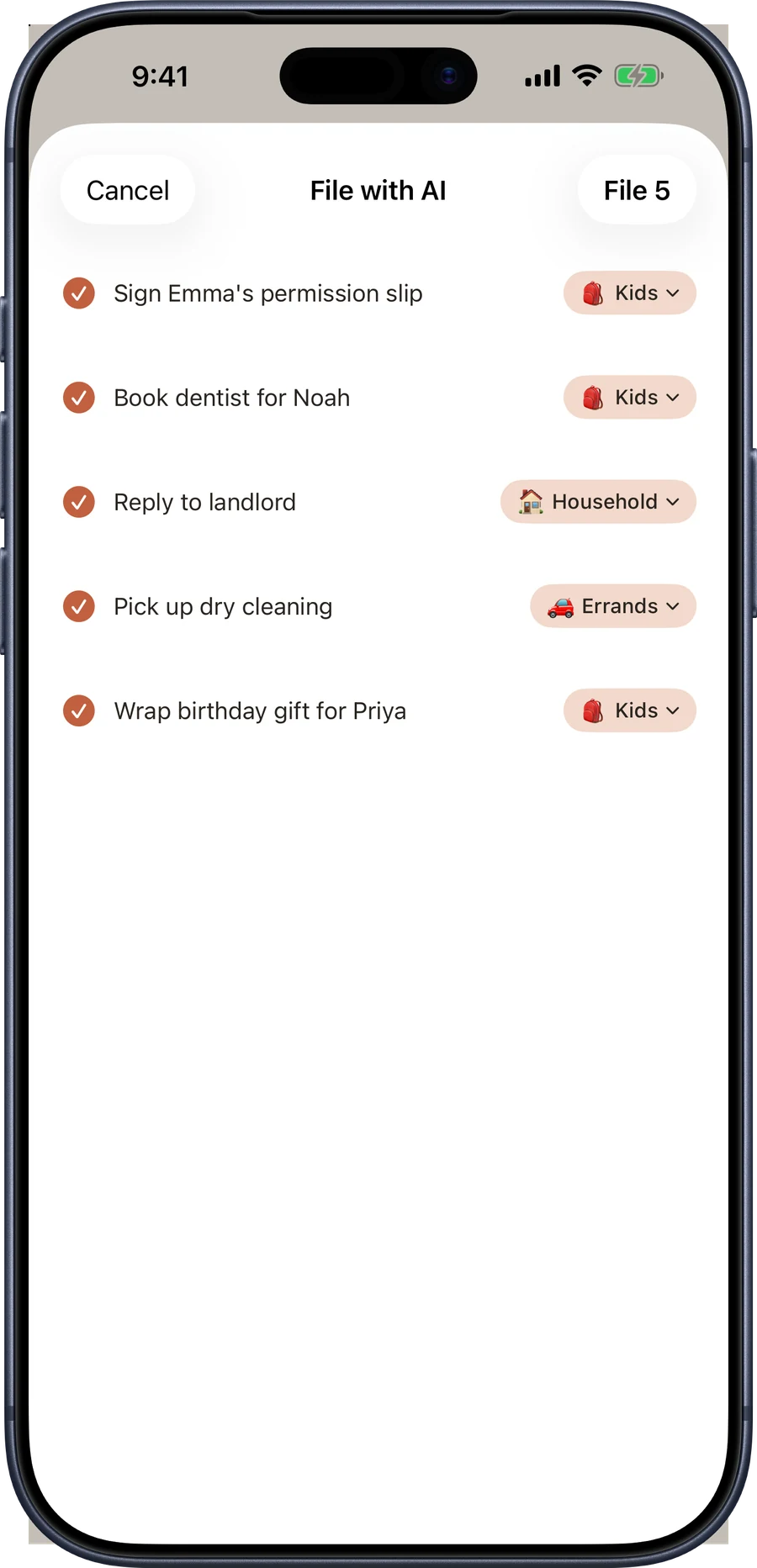 One-tap filing on iPhone: ten unfiled tasks, each with a category the app has proposed, and a File 10 button.