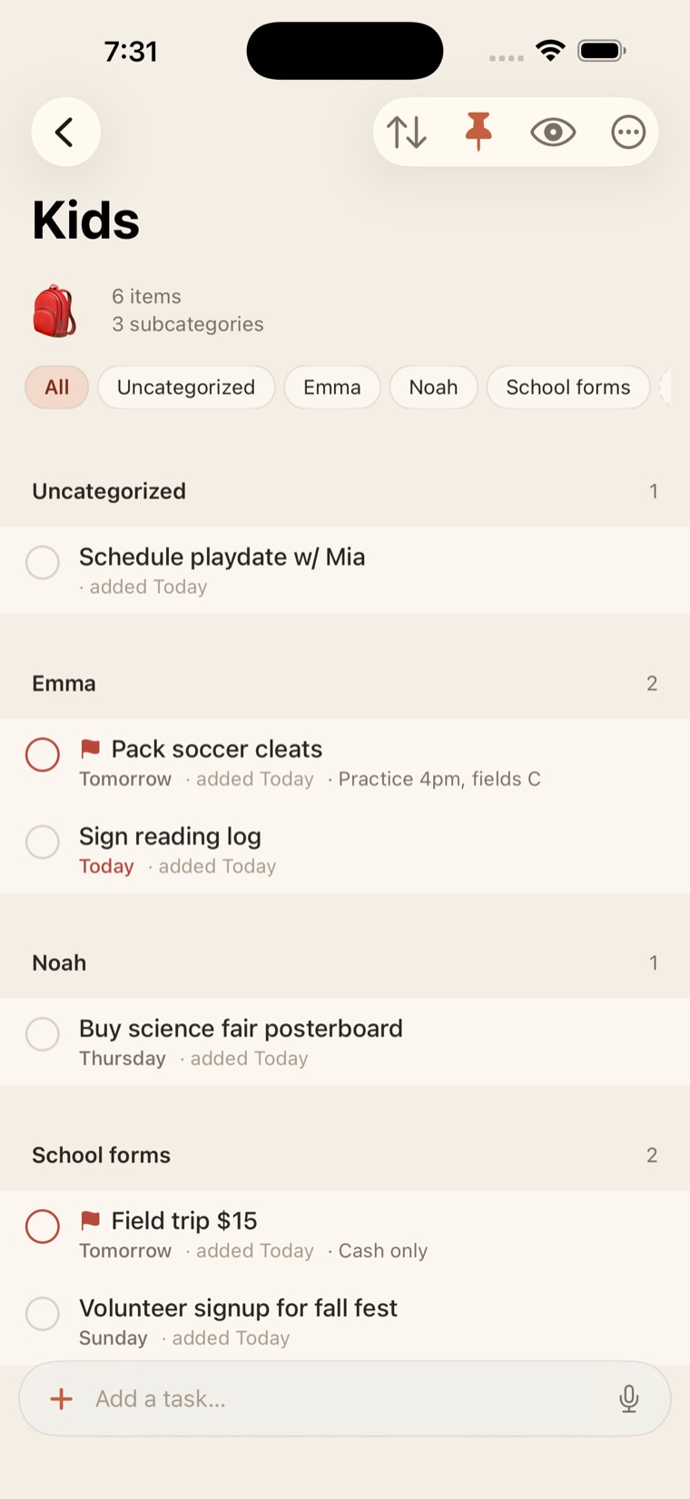 The Kids category on iPhone, split into Emma, Noah and School forms subcategories.