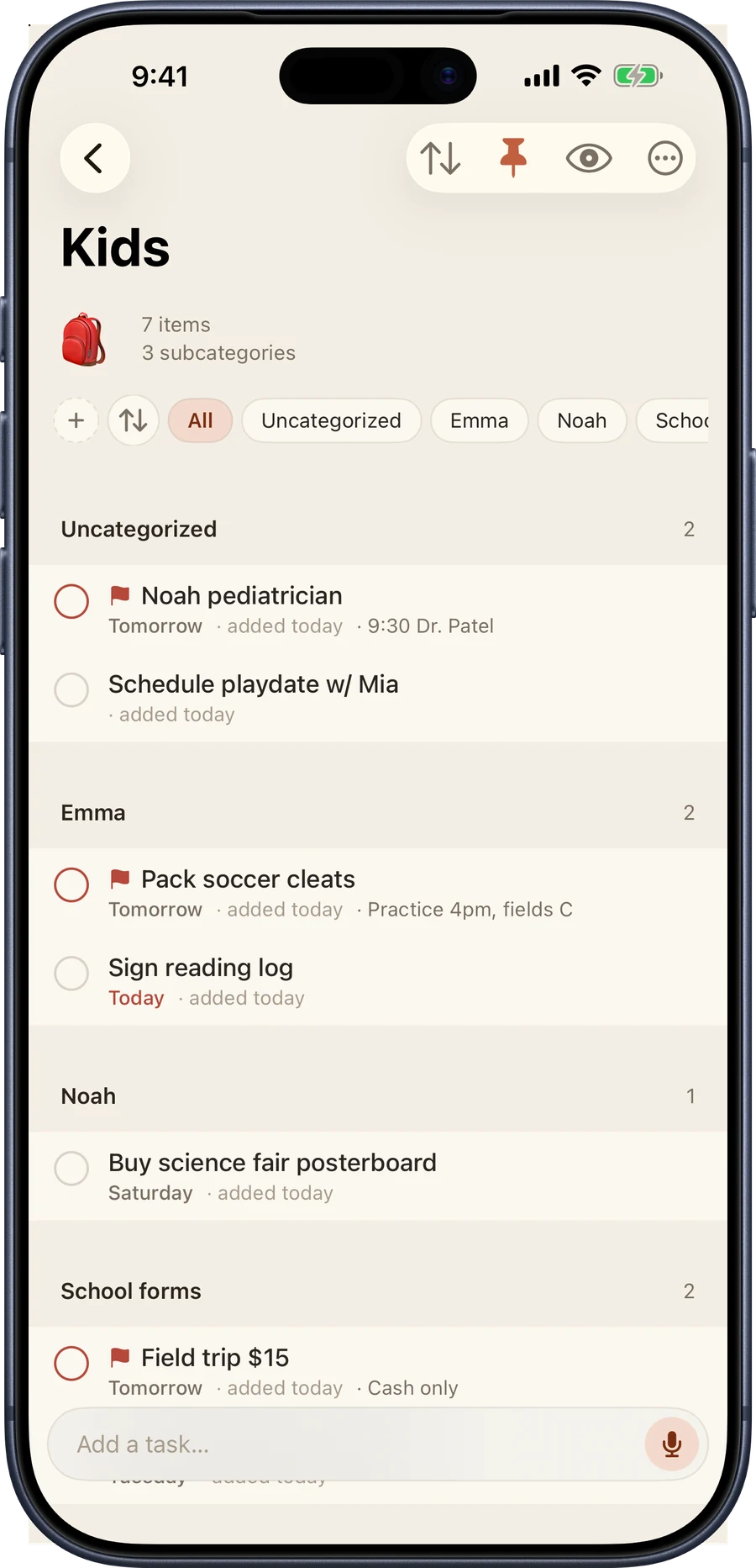 The Kids category on iPhone, split into Emma, Noah and School forms subcategories.