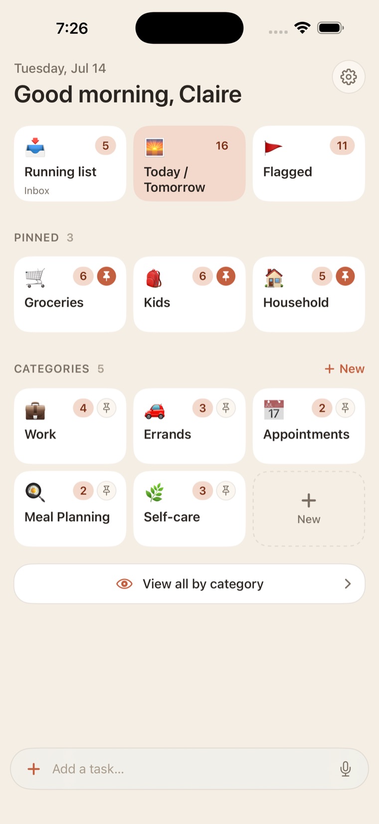 Busy B on iPhone: Running list, Today/Tomorrow and Flagged tiles above pinned categories.