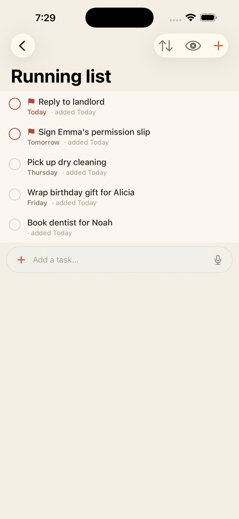 The Running list on iPhone: five unfiled tasks with flags and due dates, and an add bar at the bottom.