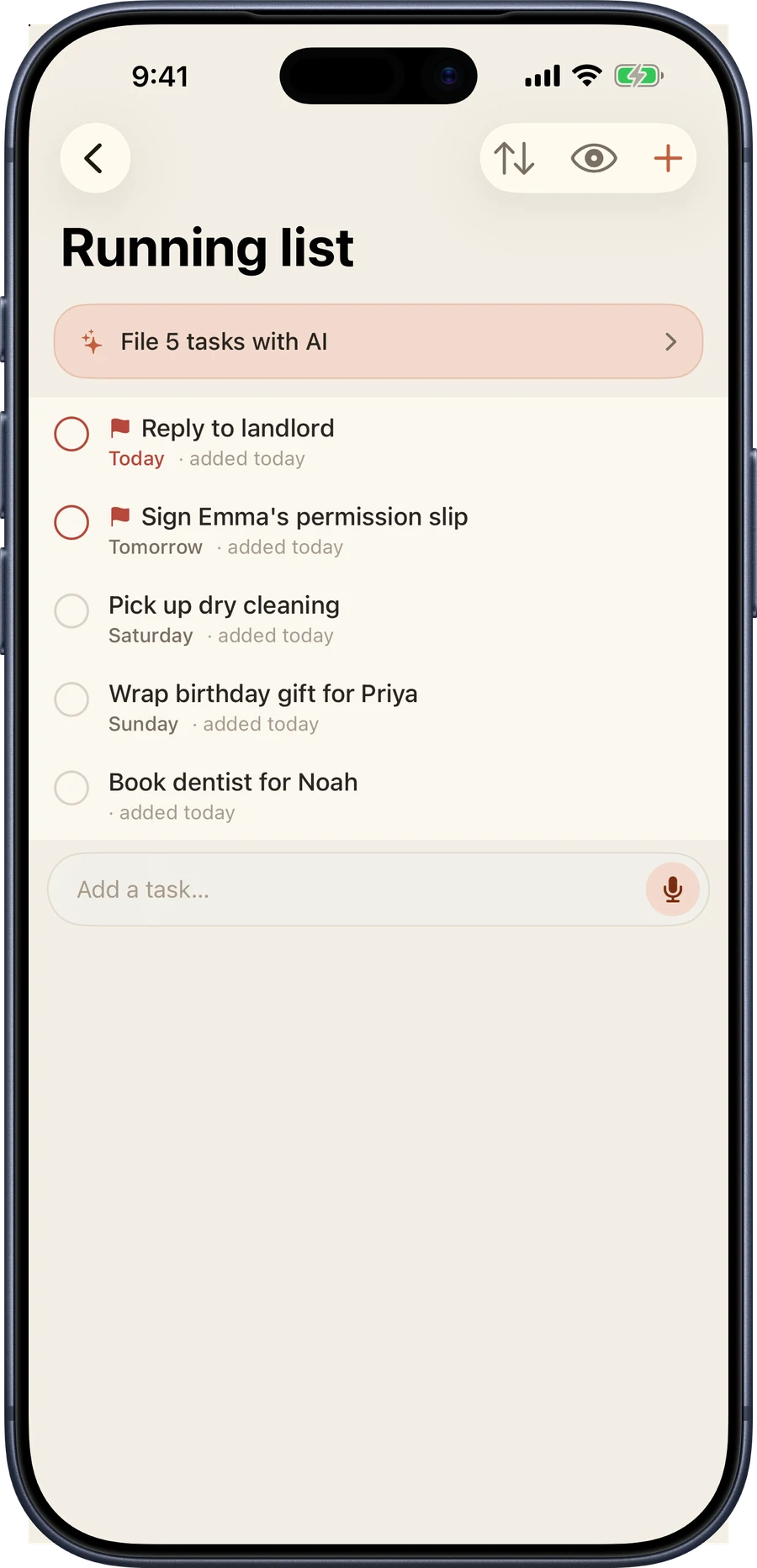The Running list on iPhone: five unfiled tasks with flags and due dates, and an add bar at the bottom.