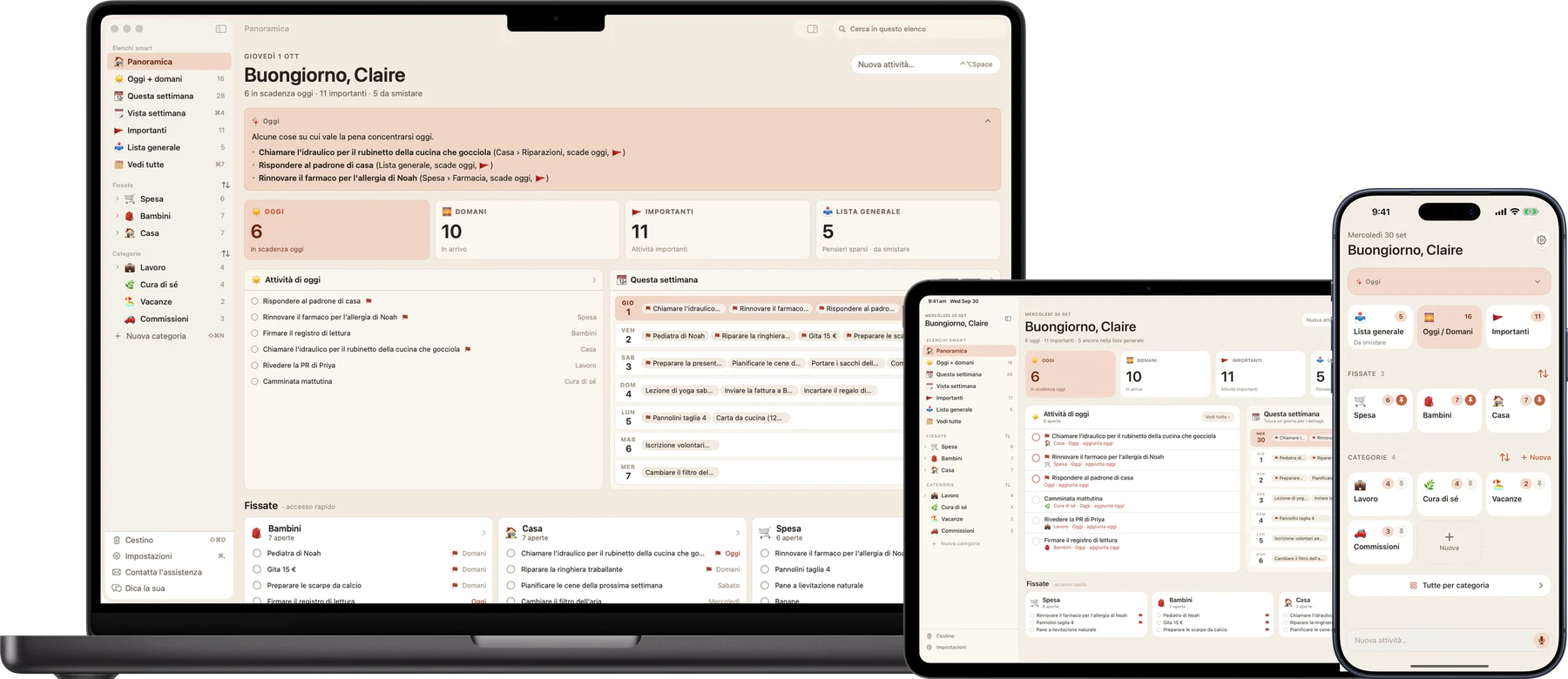 Busy B su Mac, iPad e iPhone: tre schermi con la stessa lista, sincronizzati da iCloud.
