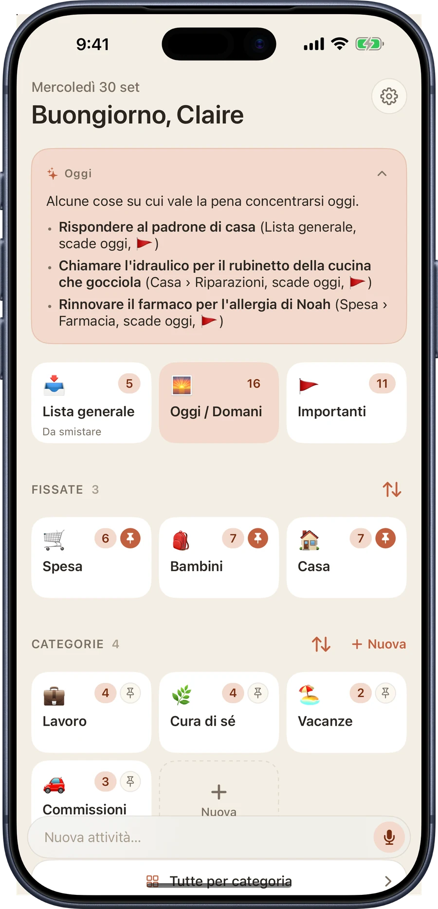 Il riepilogo del giorno su iPhone: una scheda intitolata Oggi, tre attività su cui concentrarsi e una nota su attività scadute da guardare.