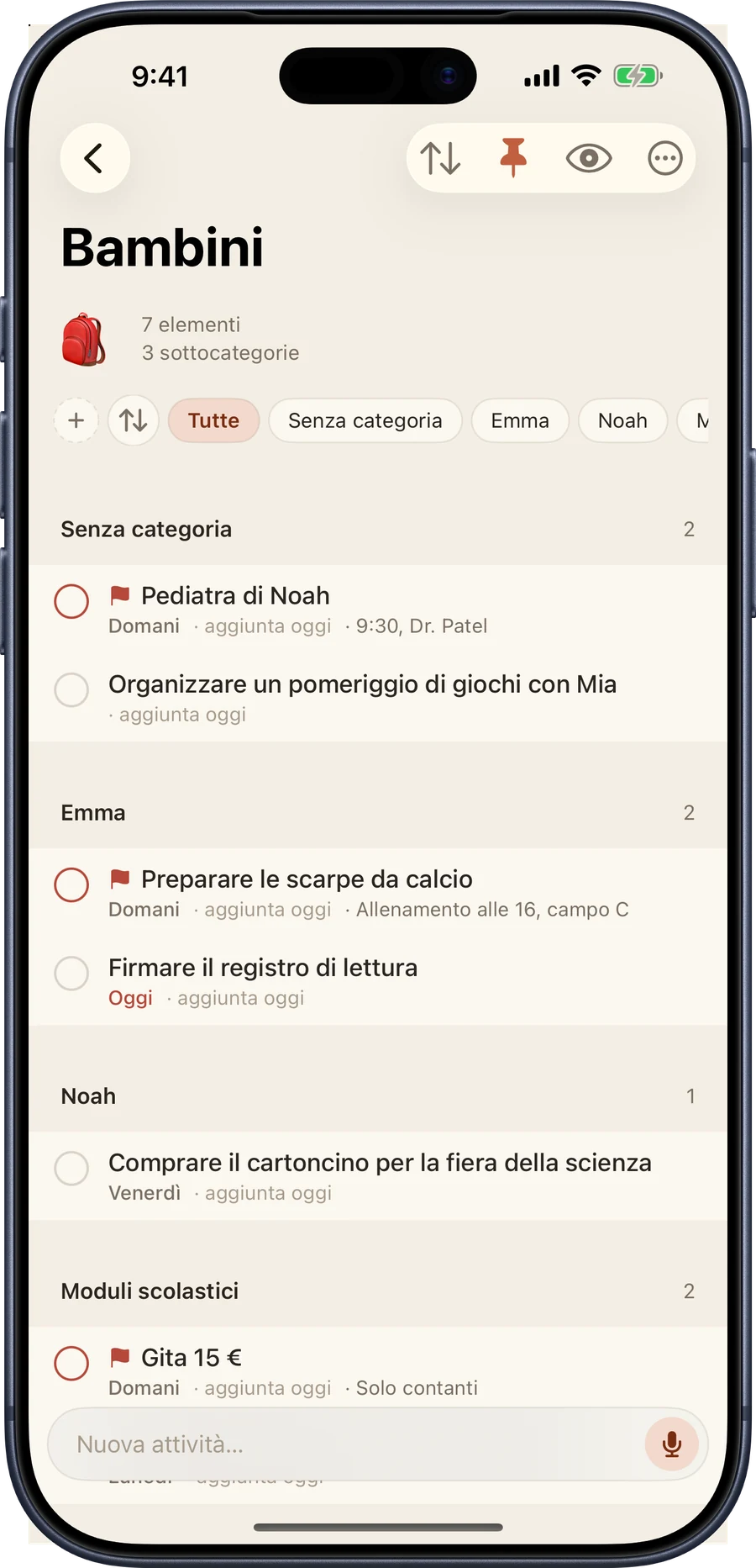 La categoria Bambini su iPhone, divisa nelle sottocategorie Emma, Noah e Moduli scolastici.