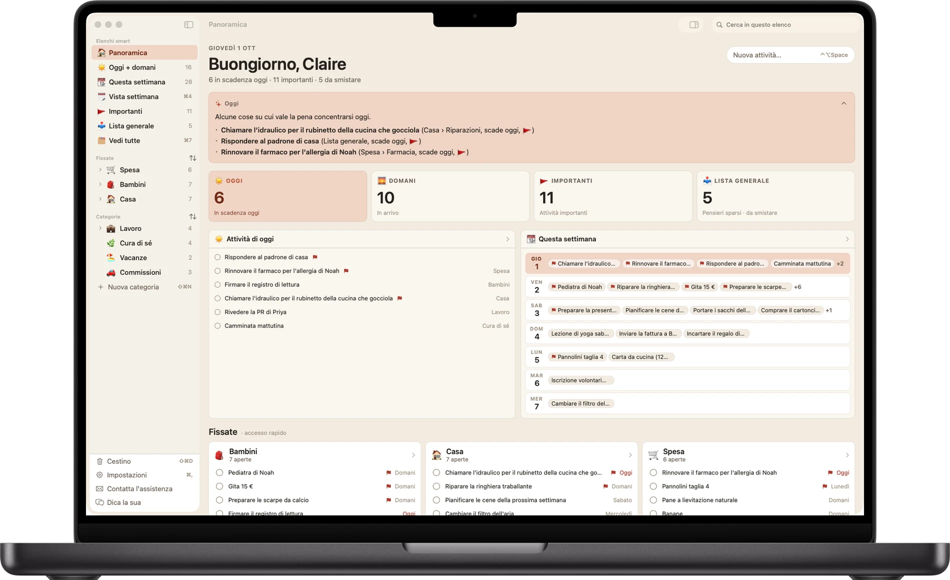 Busy B su Mac: una barra laterale con liste intelligenti e categorie accanto alle attività di oggi e alla settimana che arriva, in un'app nativa a finestra.