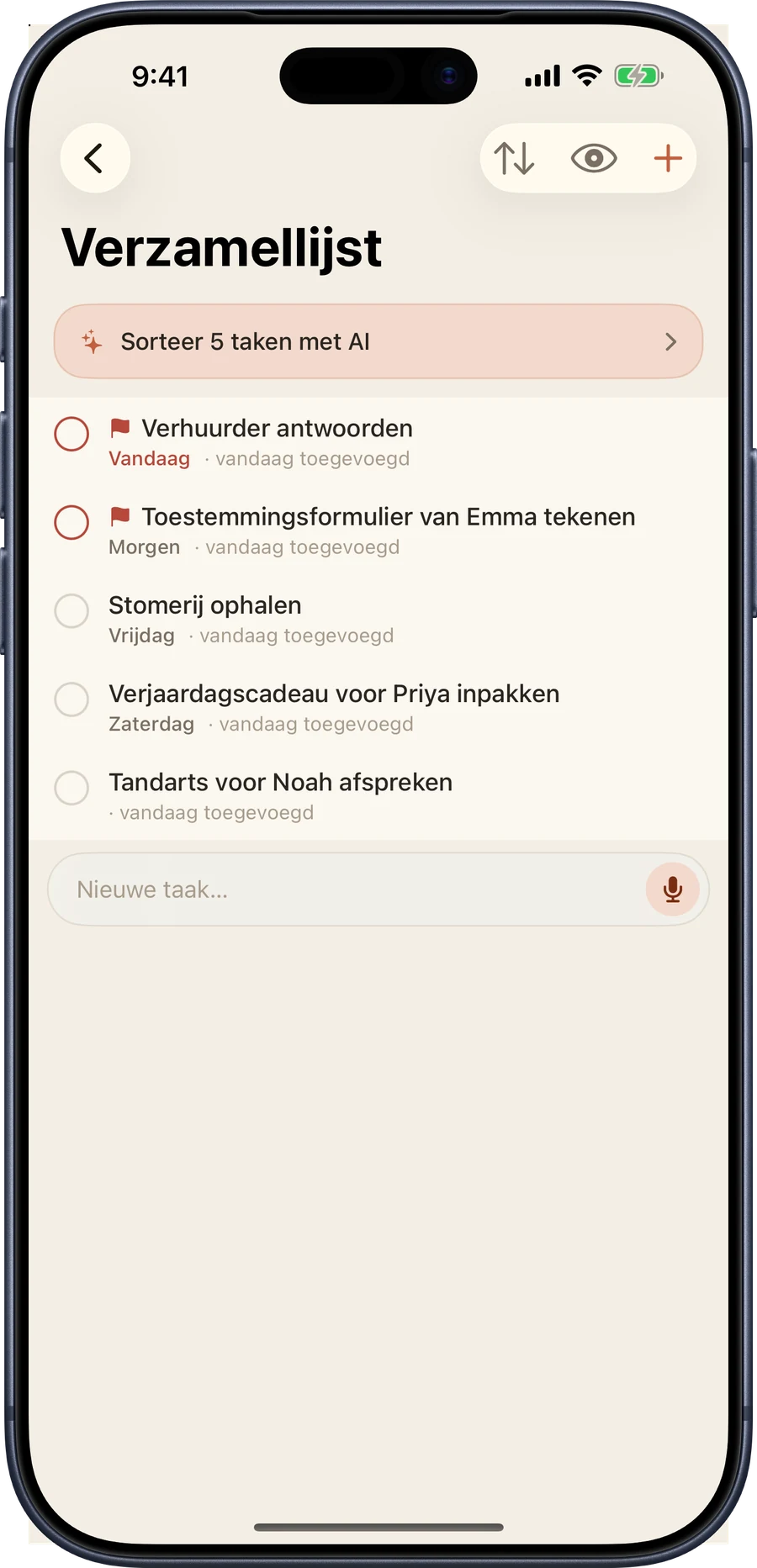 De Verzamellijst op iPhone: vijf niet gesorteerde taken met markeringen en vervaldatums, en onderaan een toevoegbalk.