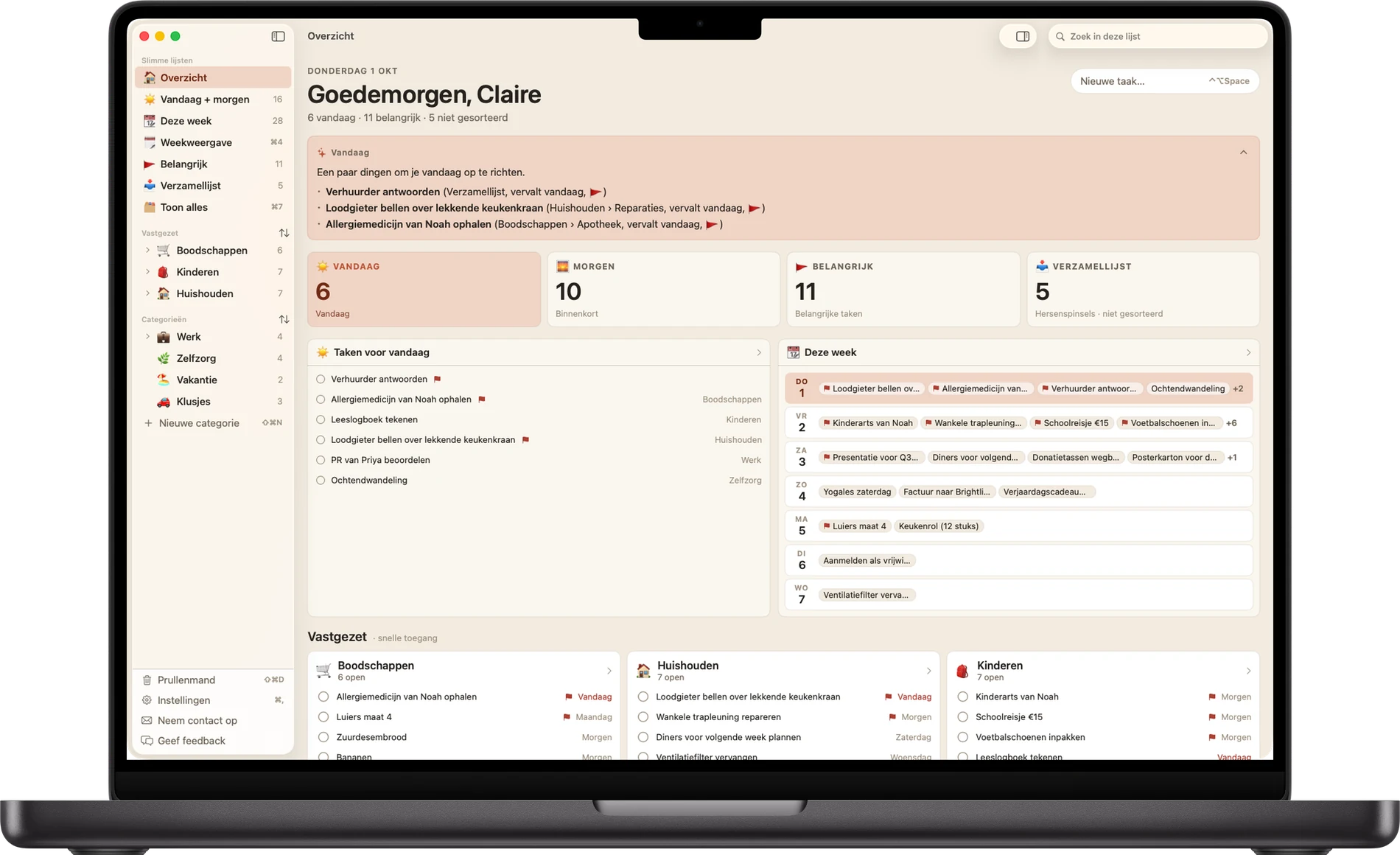 Busy B op Mac: een zijbalk met slimme lijsten en categorieën naast de taken van vandaag en de week vooruit, in een native app met vensters.