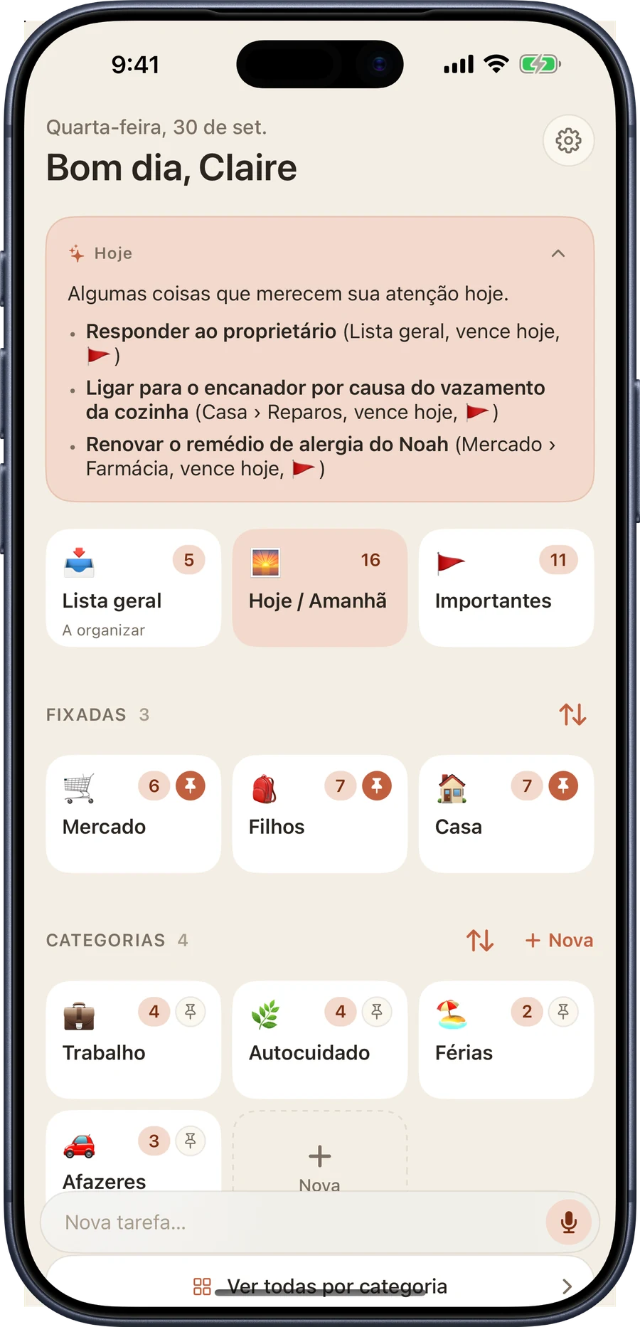 O resumo do dia no iPhone: um cartão com o título Hoje, três tarefas para focar e uma nota sobre tarefas atrasadas que merecem uma olhada.